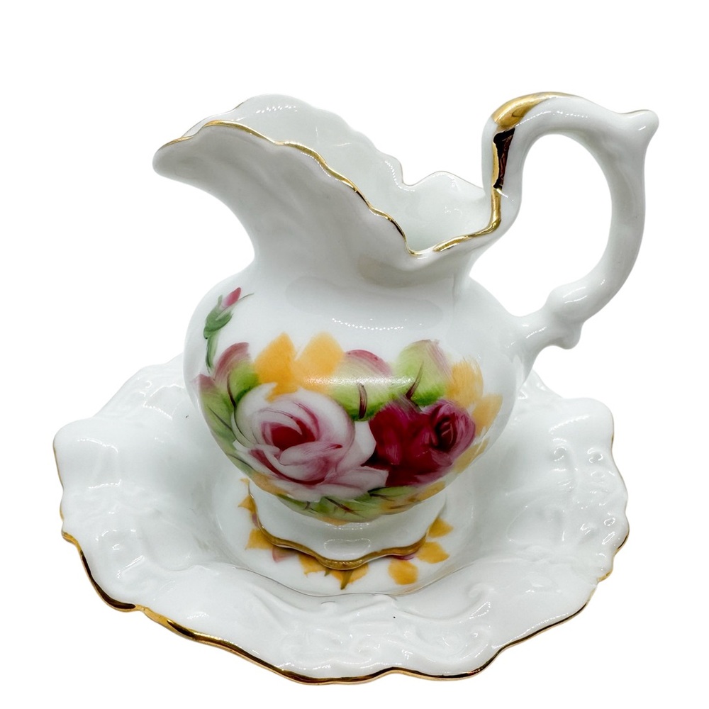 Lefton China Small Bowl & Pitcher Pink Roses Hand Painted Vintage Japan #4672